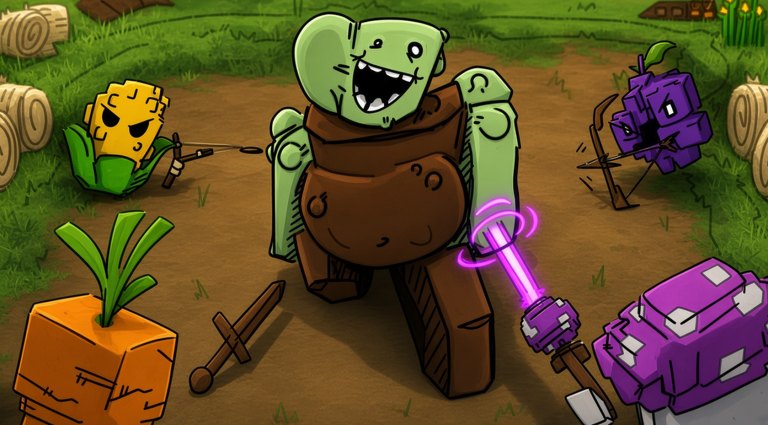 Carrot, corn, and grape plants fighting a zombie with a glowing purple sword on a dirt farm path in Defend my Ring Farm.