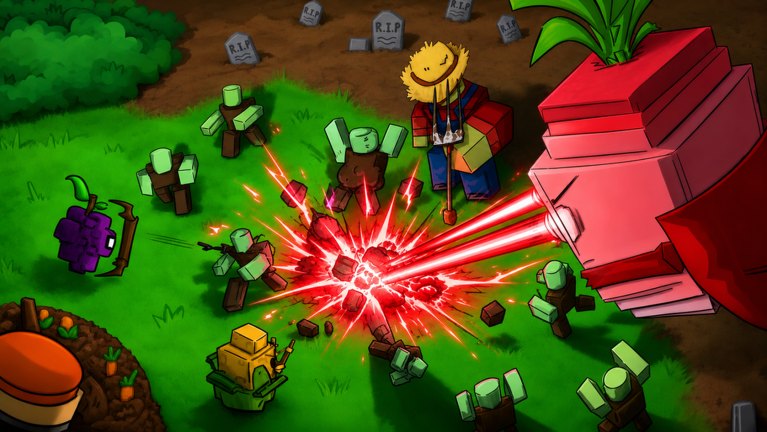 A giant beet fires red lasers at a zombie horde while grape and corn plants hold the ring in Defend my Ring Farm.